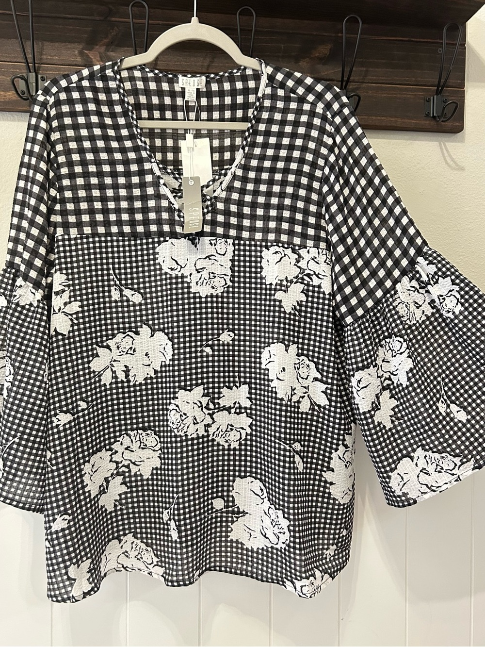 New Spense Black White Gingham Floral Bell Sleeve Boho Hippie Tunic Blouse XL